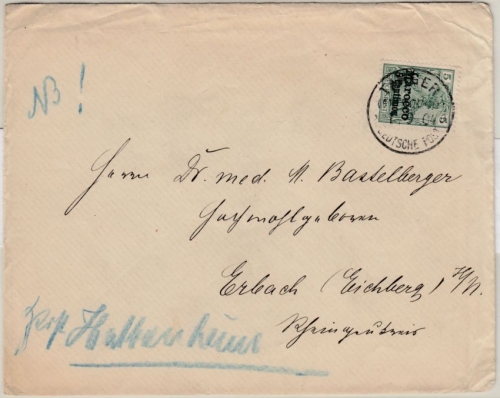 DP Marokko - 5 C. a. 5 Pfg. Germania/Typ II, Drucksache Tanger - Erbach 1904