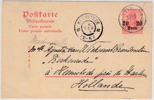 DP Türkei - 20 P. a. 10 Pfg. Germania GA-Karte n. HOLLAND, Smyrna 1908 n.