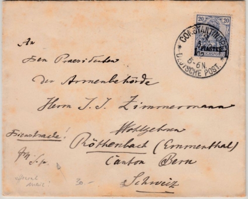 DP Türkei - 1 P. a. 20 Pfg. Germania/Reichspost Dienstbrief i.d. SCHWEIZ 1902