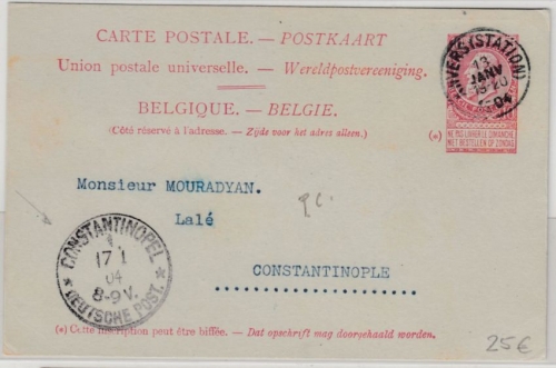DP Türkei - Incoming 10 C. belg. GA-Karte Antwerpen - Constantinopel 1904