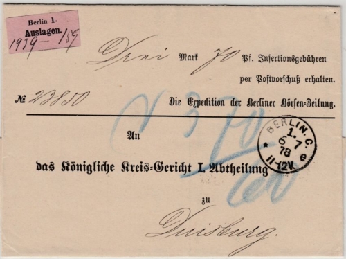 DR - Berlin C1 1878, Auslagenbrief (Zettel/Ortsdruck) Börsen-Zeitung n. Duisburg