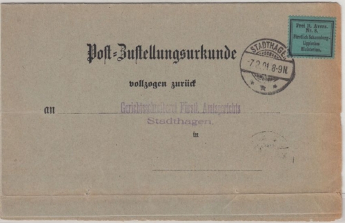 DR - Stadthagen 1891, Frei lt. Avers Nr. 8, grüner Aufkleber Orts-Zustellurkunde