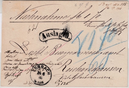 DR - Lörrach 1876, Auslagen-Karte (!) n. Reichartshausen b. Aglasterhausen