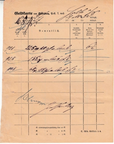 DR - Dresden PE 7 1874 Geldkarte f. Sendungen n. Halle