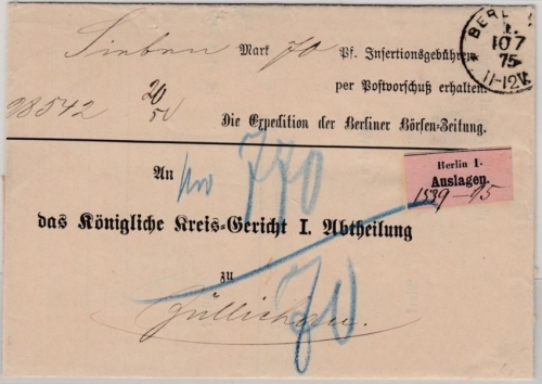 DR - Berlin C1 1875 Auslagenbrief (Zettel/Ortsdruck) Börsen-Zeitung n. Züllichau