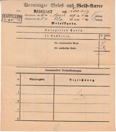 DR - Radegast 1874, Ra2 u. L1 a. Brief- und Geldkarte n. Zoerbig