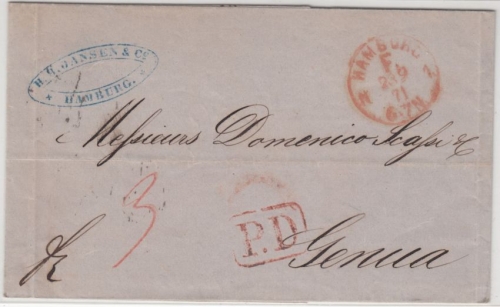 NDP - Hamburg 1 F 1871, roter Franco-Stpl. a. Brief n. ITALIEN, ohne Inhalt