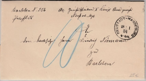 DR - Neustadt-Magdeburg 1884, Klaucke-Stpl. a. portopfl. Dienstbrief/Nachporto