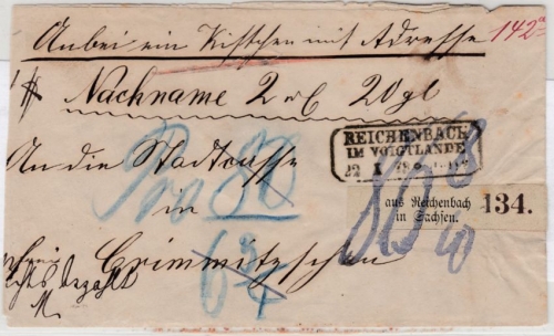 DR - Reichenbach i. Vogtland, Ra3 a. Nachnahme-Paketbegleitbrief 1873 n.