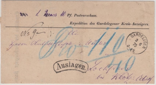 DR - Gardelegen 1875, K1 a. Auslagenbrief d. Kreis-Anzeigers n. Lockstedt