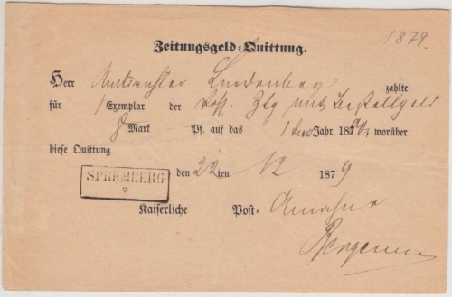DR - Spremberg, apt. Innendienst-Ra2 a. Zeitungsquittung 1879