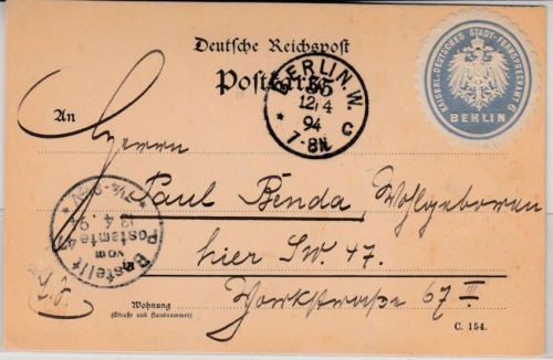 DR - Berlin W35 Fernsprechamt Papiersiegel Ortskarte (Gebührenerstattung) 1894