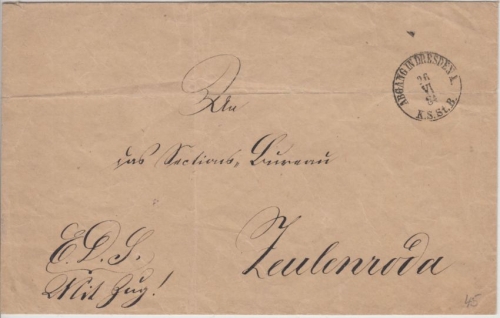 DR - Abgang in Dresden 1884 K.S.St.B. K1 EDS-Dienstbrief n. Zeulenroda "Mit Zug"