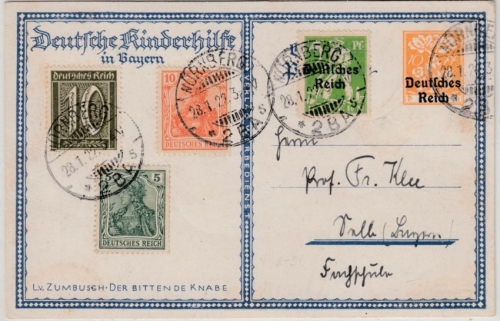 DR - Deutsche Kinderhilfe i. Bayern 10 Pfg. Privat-GA-Karte+Zusatz Nürnberg 1922