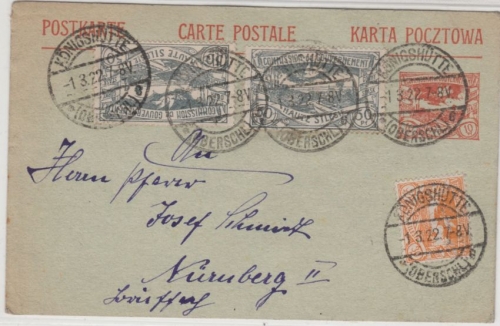 Oberschlesien - 10 Pfg. GA-Karte+Zusatz Königshütte - Nürnberg 1.3.22