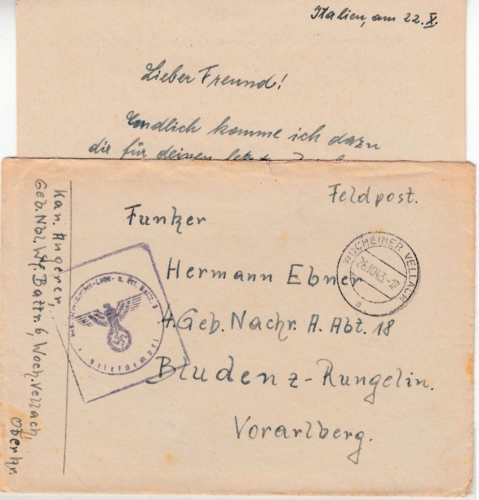 DR - Feldpost Gebirgsjäger Nebelwerfer, Feldpostbrief Wocheiner Vellach 1943 n.