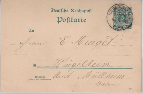 DR - Niedereschach (Baden) 1890, KOS a. 5 Pfg. GA-Karte n. Hügelheim
