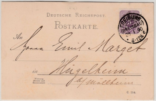 DR - Freiburg (Breisgau) 1890, KOS a. 5 Pfg. Karte n. Hügelheim