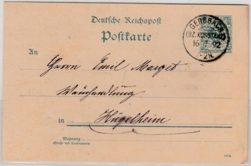 DR - Gersbach (Bz. Konstanz) 1892, KOS a. 5 Pfg. GA-Karte n. Hügelheim