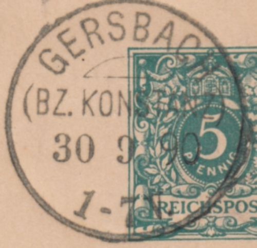 DR - Gersbach (Bz. Konstanz) 1890, KOS ideal a. 5 Pfg. GA-Karte n. Hügelheim