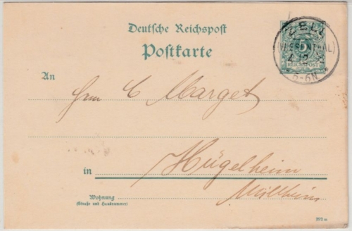 DR - Zell (Wiesenthal) 1892, KOS a. 5 Pfg. GA-Karte n. Hügelheim