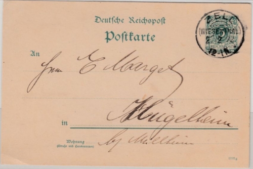DR - Zell (Wiesenthal) 1892, KOS 5 Pfg. GA-Karte nach Hügelheim