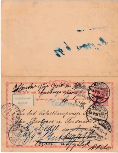 DR - 10/10 Pfg. K/A GA-Karte i.d. SCHWEIZ Mannheim - Luzern - Stuttgart 1893