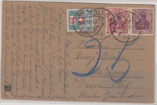DR - 1 1/4 M. + 75 Pfg. Germania, Karte i.d. SCHWEIZ Nachporto Saulgau 1922 n.