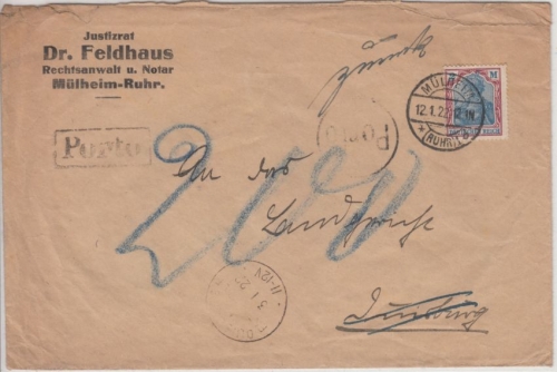 DR - 2 M. Germania, Brief Nachporto Mülheim (Ruhr) - Duisburg 1922