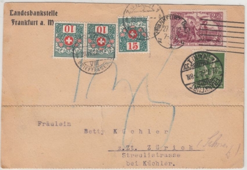 DR - 2,50 M. Nord/Süd u.a., Karte i.d. SCHWEIZ Nachporto Frankfurt - Zürich 1922