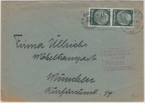 DR - "Anschrift ungenügend...München 13" Hinweis-Ra5 a. Brief Dresden 1940