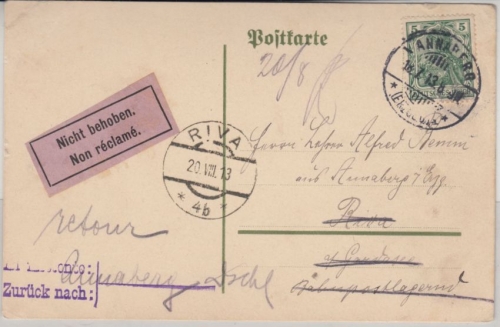 DR - 5 Pfg. Germania Karte n. ÖSTERREICH postlagernd Retourzettel Annaberg 1913