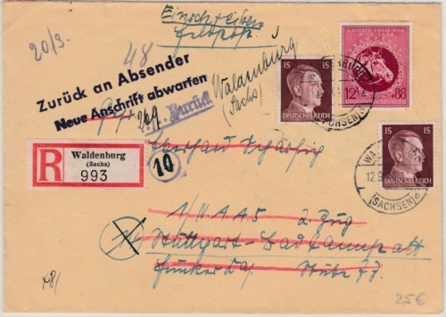 DR - Waldenburg 1944, Einschreibebrief (Feldpost) n. Stuttgart - Retourvermerk