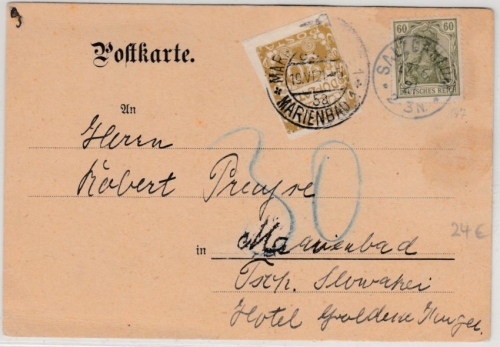 DR - 60 Pfg. Germania, Karte n. TSCHECHIEN Nachporto Salzdahlum - Marienbad 1921
