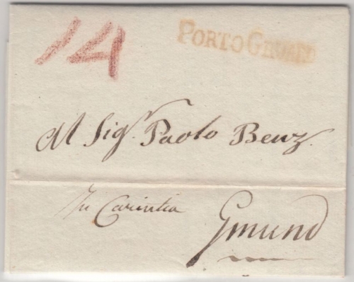 Lombardei & Venetien - Portogruaro (1831) roter L1 a. Brief n. Gmund (Gmünd)