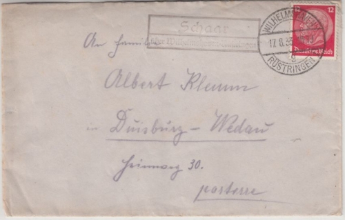 DR - Schaar ü. Wilhelmshaven-Rüstringen, Landpost-Ra2 Brief n. Duisburg 1933