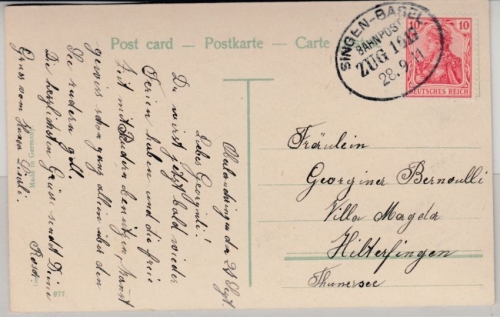 DR - Singen - Basel Bahnpost Zug 1617, Karte v. Oberlauchringen 1911 n.