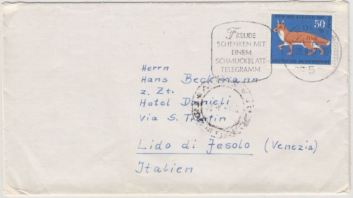 BRD - 50 Pfg. Jugend Fuchs Brief n. ITALIEN Köln - Lido di Jesolo 1967