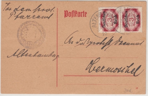 DR-Infla - 3 M. By-Abschied/DR Dienst Paar Karte Altenbamberg Obermoschel 1922