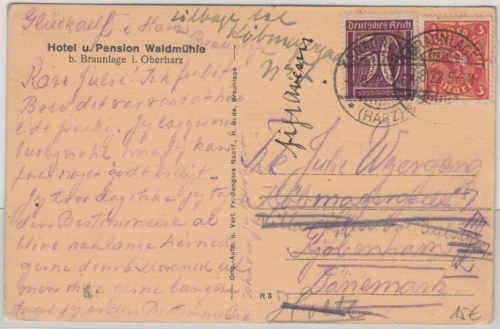 DR-Infla - 3 M. Posthorn u.a. Karte n. DÄNEMARK Braunlage Kopenhagen 1922
