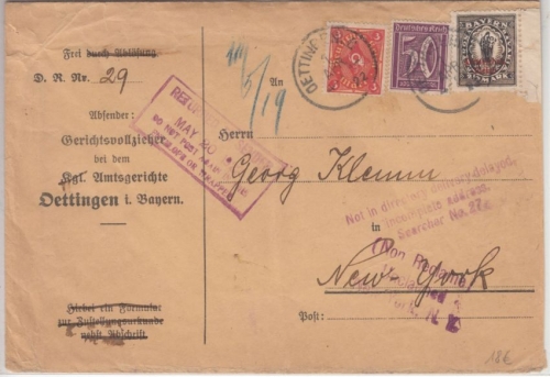 DR-Infla - 2 1/2 M. By-Abschied/DR u.a. Retour Brief n. USA Oettingen 1922 n.