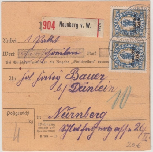 DR-Infla - 2x1 1/4 M. By-Abschied/DR Einschreiben Paketkarte Neunburg v.W. 1920