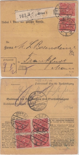 DR-Infla - 6x3 M. Posthorn Paketkarte Zittau Frankfurt M. 1922