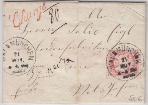 Bayern 3 Kr. Wappen gez. Charge-Brief K1 Waldmünchen Vilshofen 1871 hds. 7x rec