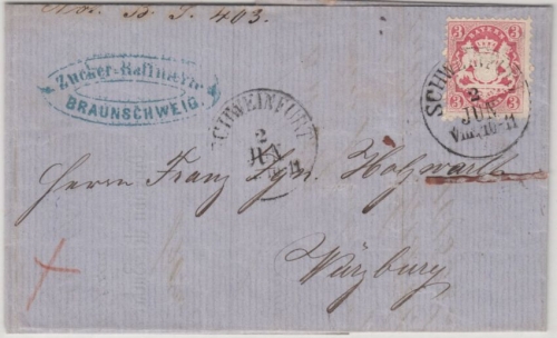 Bayern 3 Kr. Wappen gez. K1 Schweinfurt (1873) n. Würzburg, Abs. v. Braunschweig