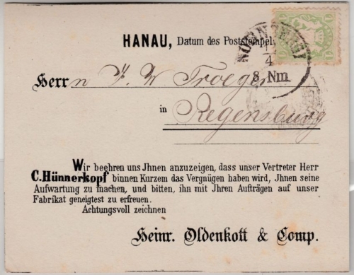 Bayern 1 Kr. Wappen gez. Vertreteravis (Hanau) Postkarte Nürnberg Regensburg