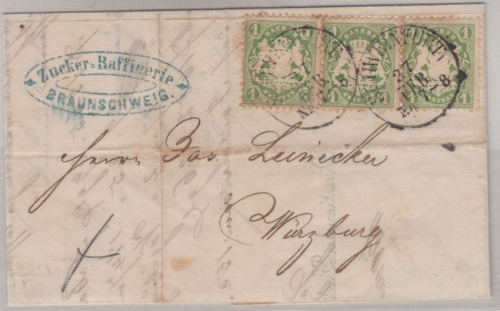 Bayern 3x1 Kr. Wappen gez. Forwarded-Brief (Braunschweig) K1 Schweinfurt 1873