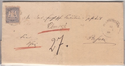 Bayern 7 Kr. Wappen gez. Charge-Brief K1 Pfarrkirchen Passau 1873 mit Inhalt