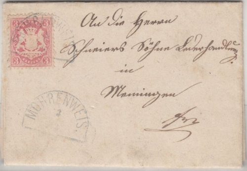Bayern Mohrenweis 8/4 sehr seltener HKS Brief 3 Kr. gez. n. Memmingen 1874