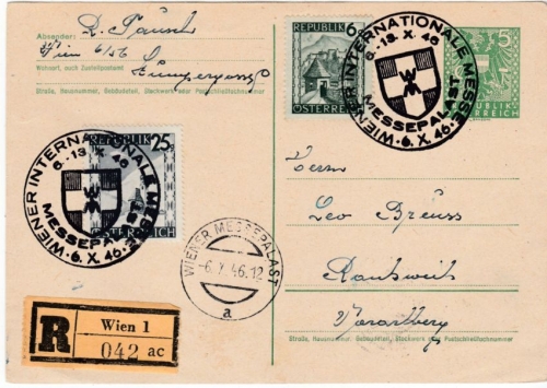 Österreich 5 Pfg. Staatswappen GA-karte Zusatz Einschreibekarte SST Wien 1946